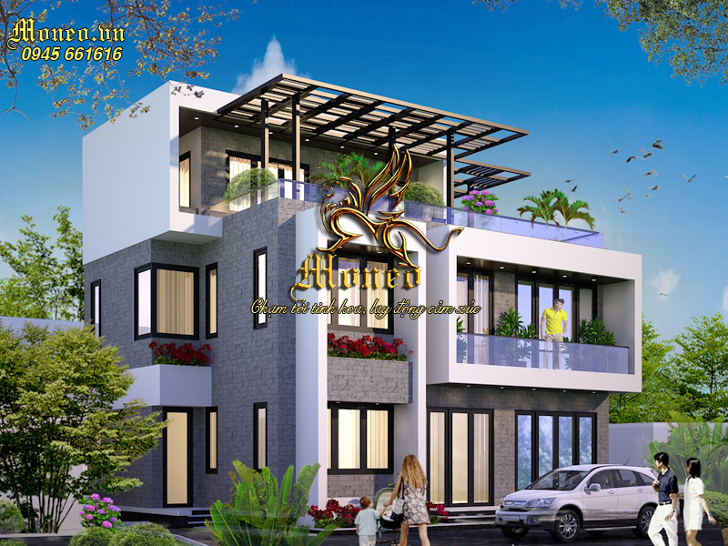 mẫu kiến trúc 3 tầng hiện đại mái bằng