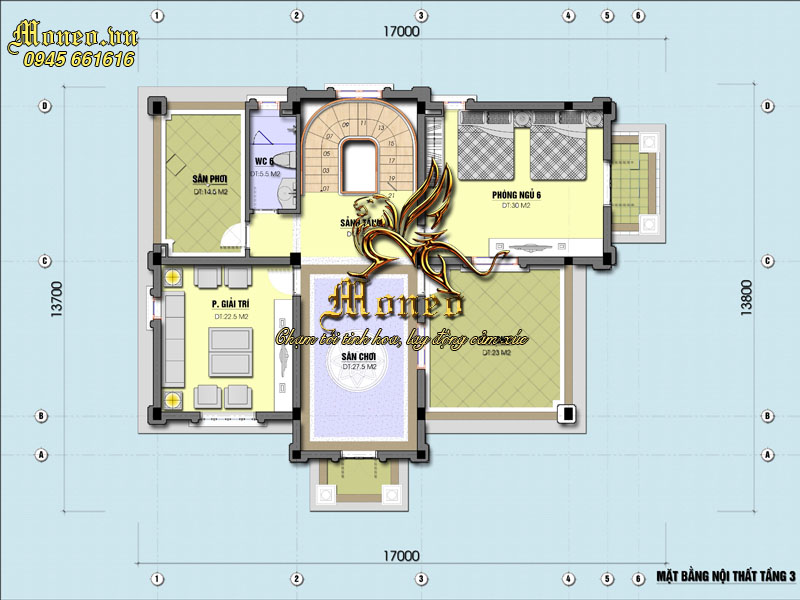 Mặt bằng tầng 3 mẫu biệt thự đẹp 3 tầng cổ điển