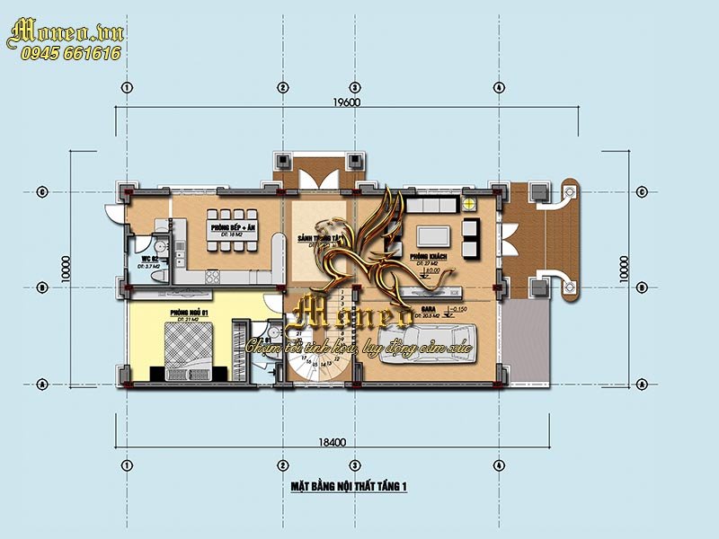 mặt bằng tầng 1 mẫu biệt thự mặt tiền 10m ở nông thôn