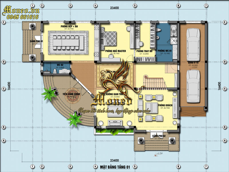mặt bằng mẫu thiết kế nhà 2 tầng mái thái tân cổ điển