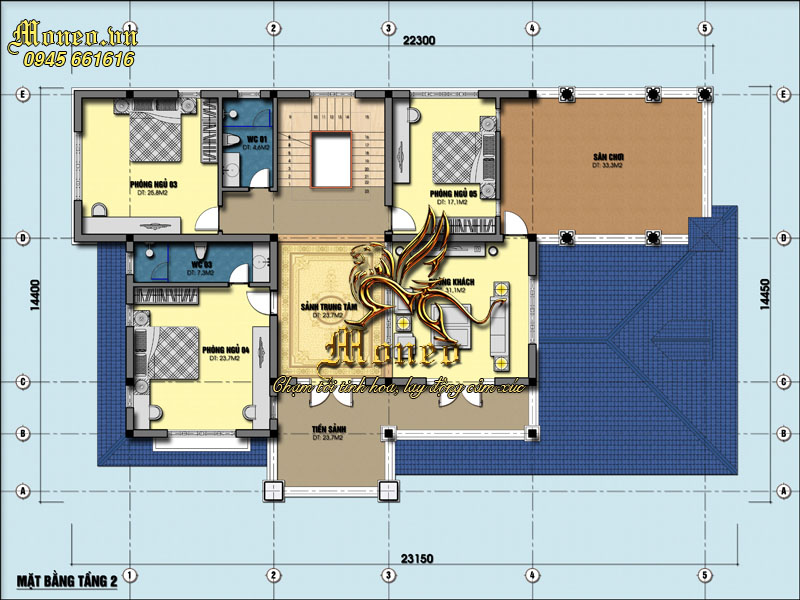 Mặt bằng tầng 2 mẫu biệt thự bán cổ điển sang trọng