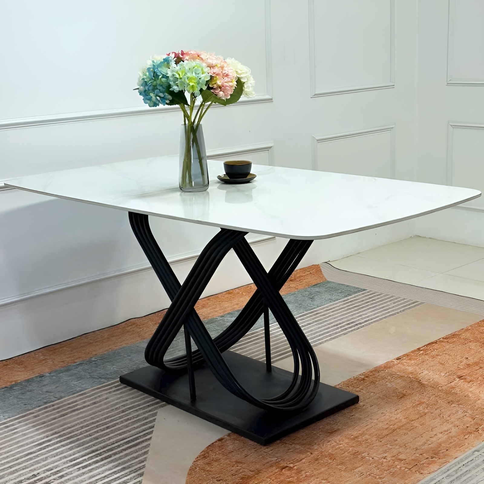 Bàn Ăn Mặt Đá Trắng Chân Sắt Chanel Vòng- BATCNV