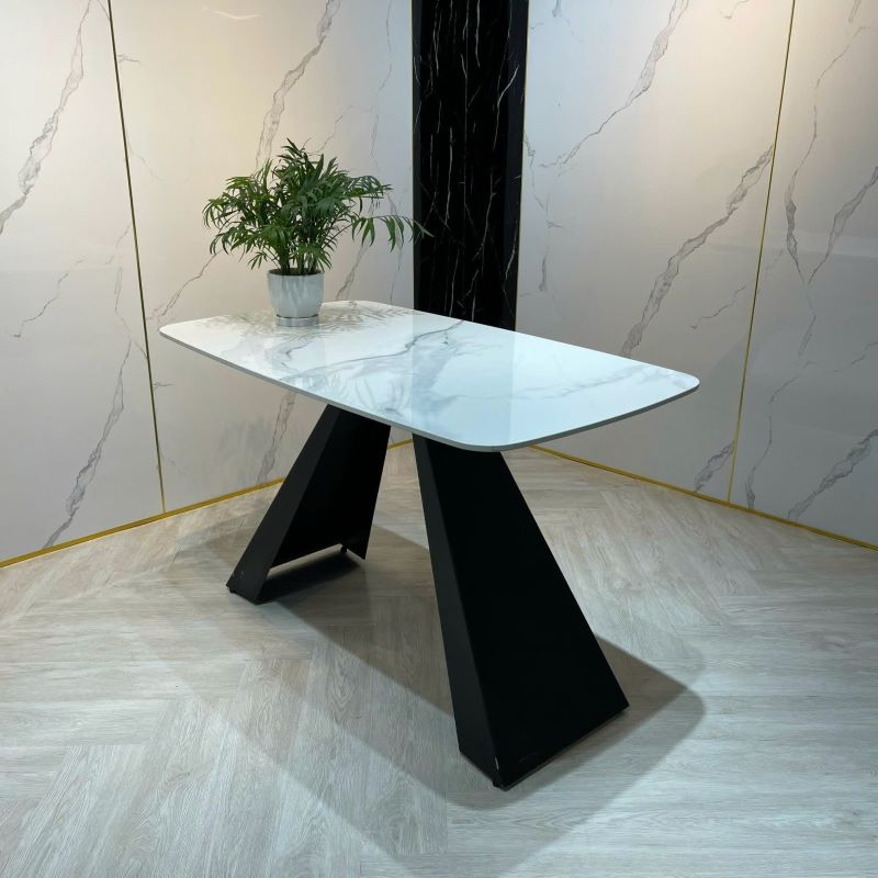 Bàn Ăn Mặt Đá Trắng Chân Sắt Chữ A Dày - BATAD