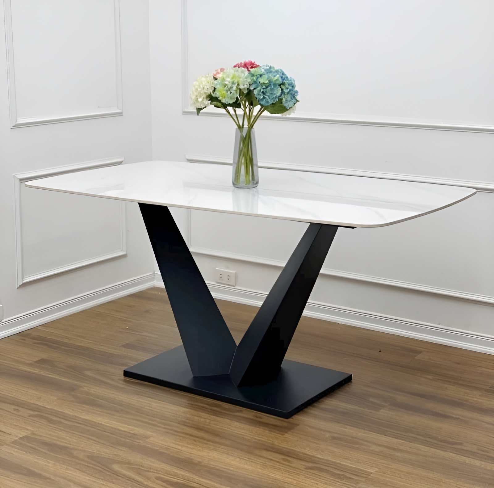 Bàn Ăn Mặt Đá Trắng Chân Sắt Chữ V- BATV