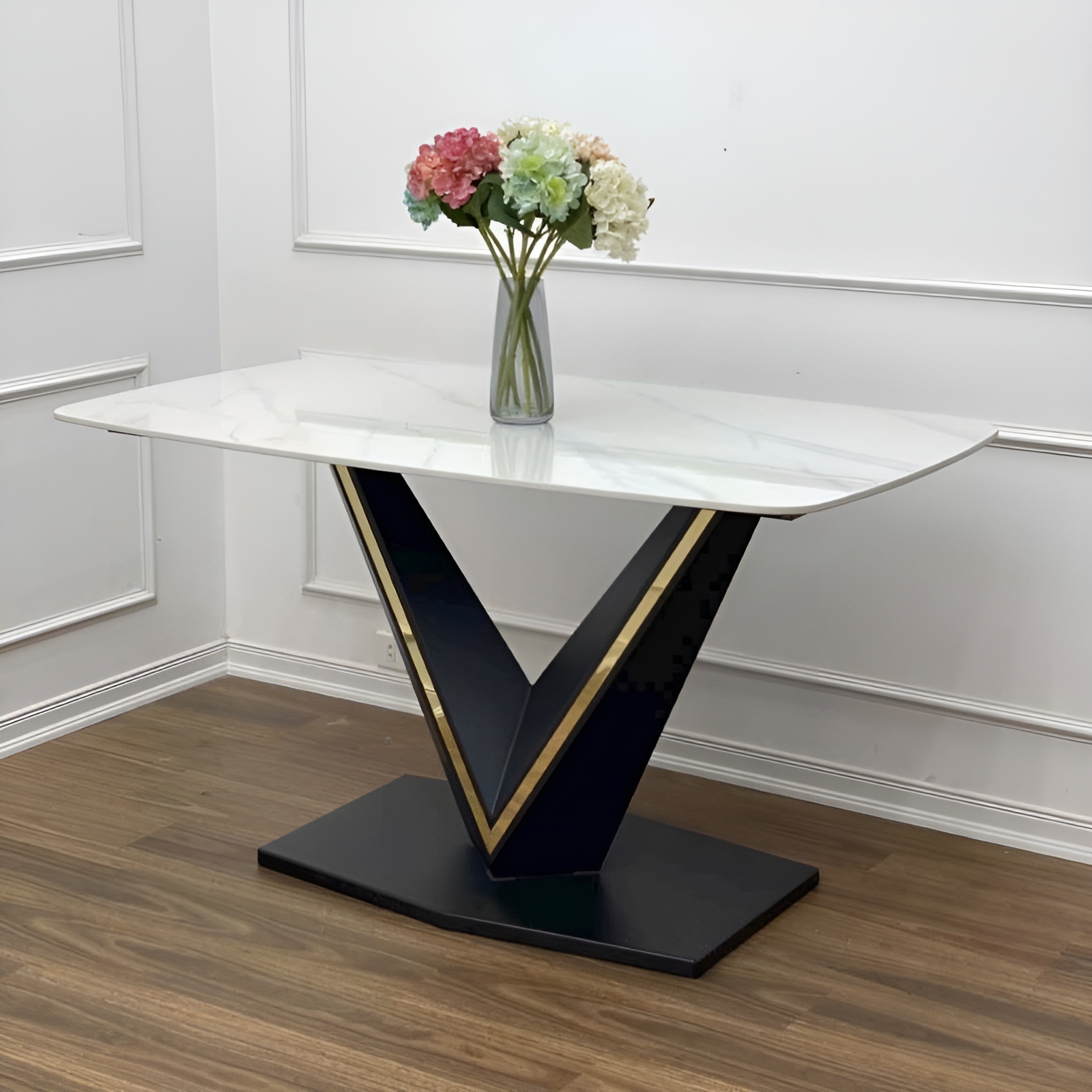 Bàn Ăn Mặt Đá Trắng Chân Sắt Chữ V Viền Inox - BATVV