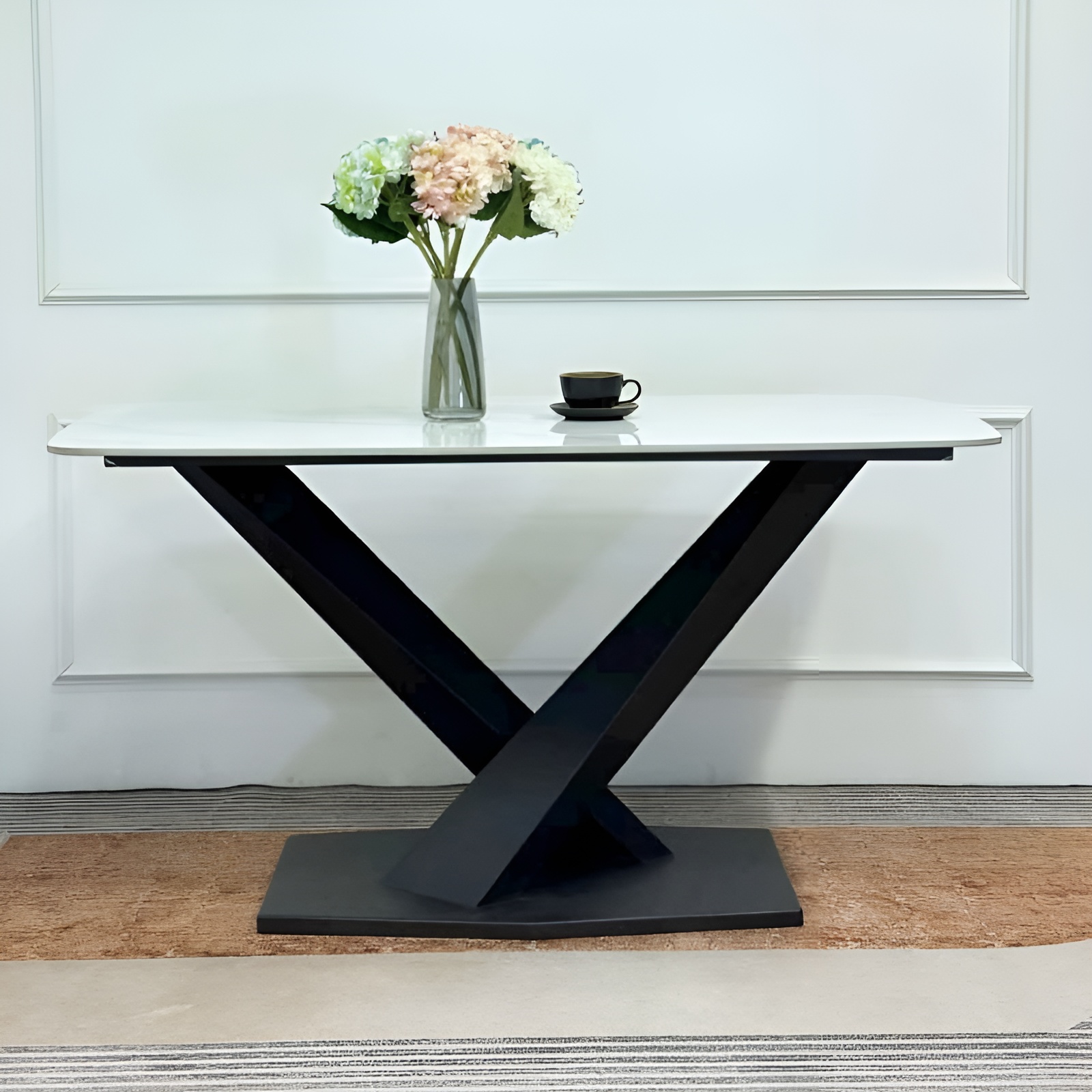 Bàn Ăn Mặt Đá Trắng Chân Sắt Chữ X Dày - BATXD