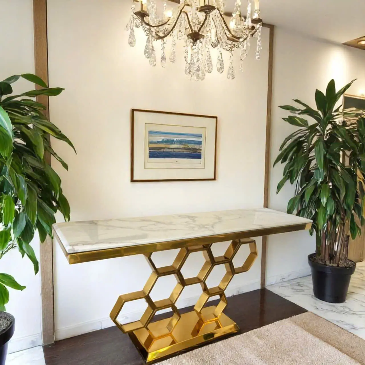 Bàn Console Mặt Đá Trắng Chân Inox Mạ Vàng - BCTT01