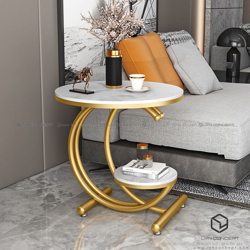 Bàn Góc Sofa Tròn 2 Tầng Mặt Đá Trắng Chân Sắt - Đẹp Và Sang Trọng