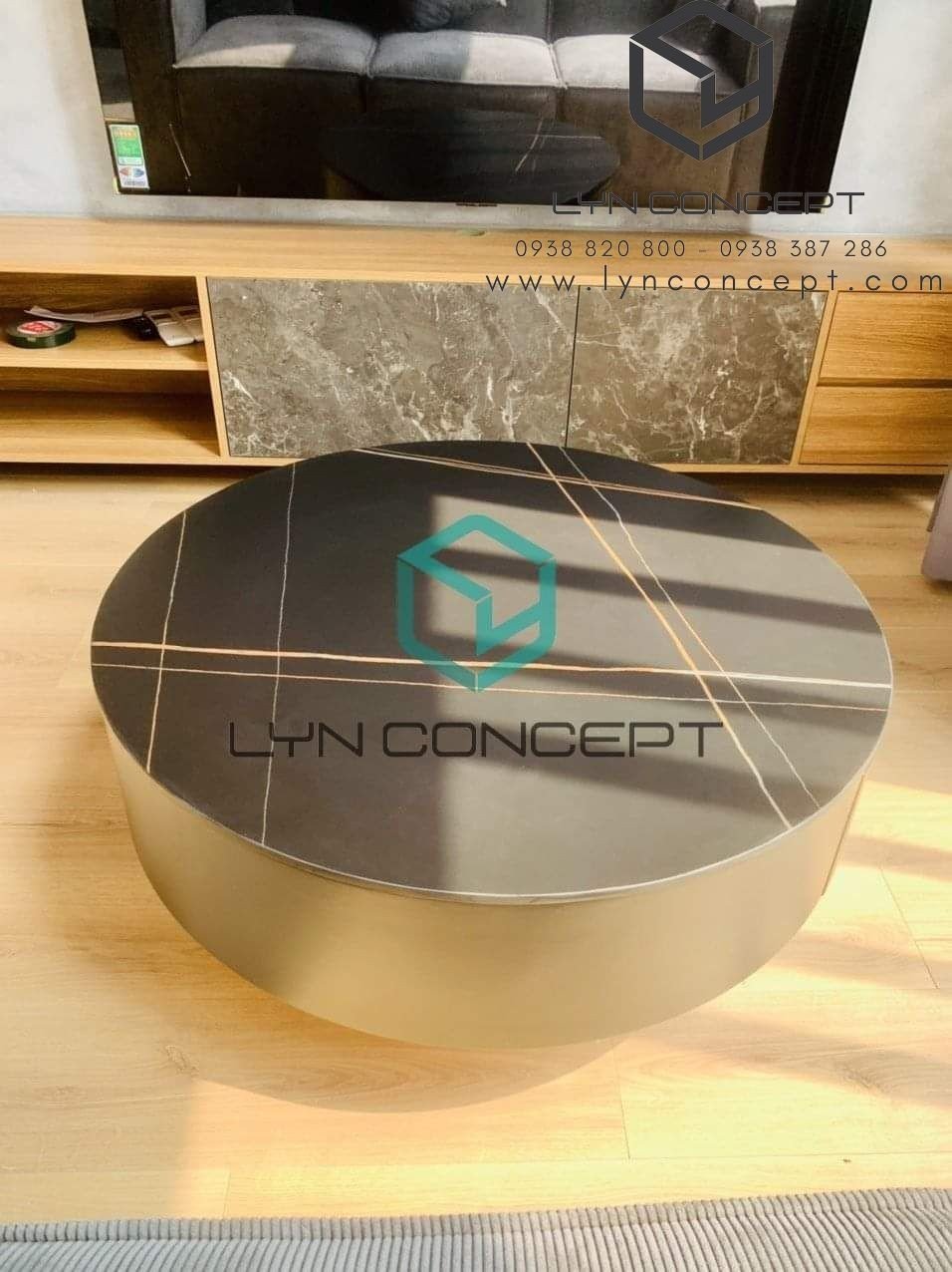 Bàn Sofa Miko Tròn Mặt Đá Ceramic Đen Thùng Gỗ MDF Cao Cấp - Giá Tốt