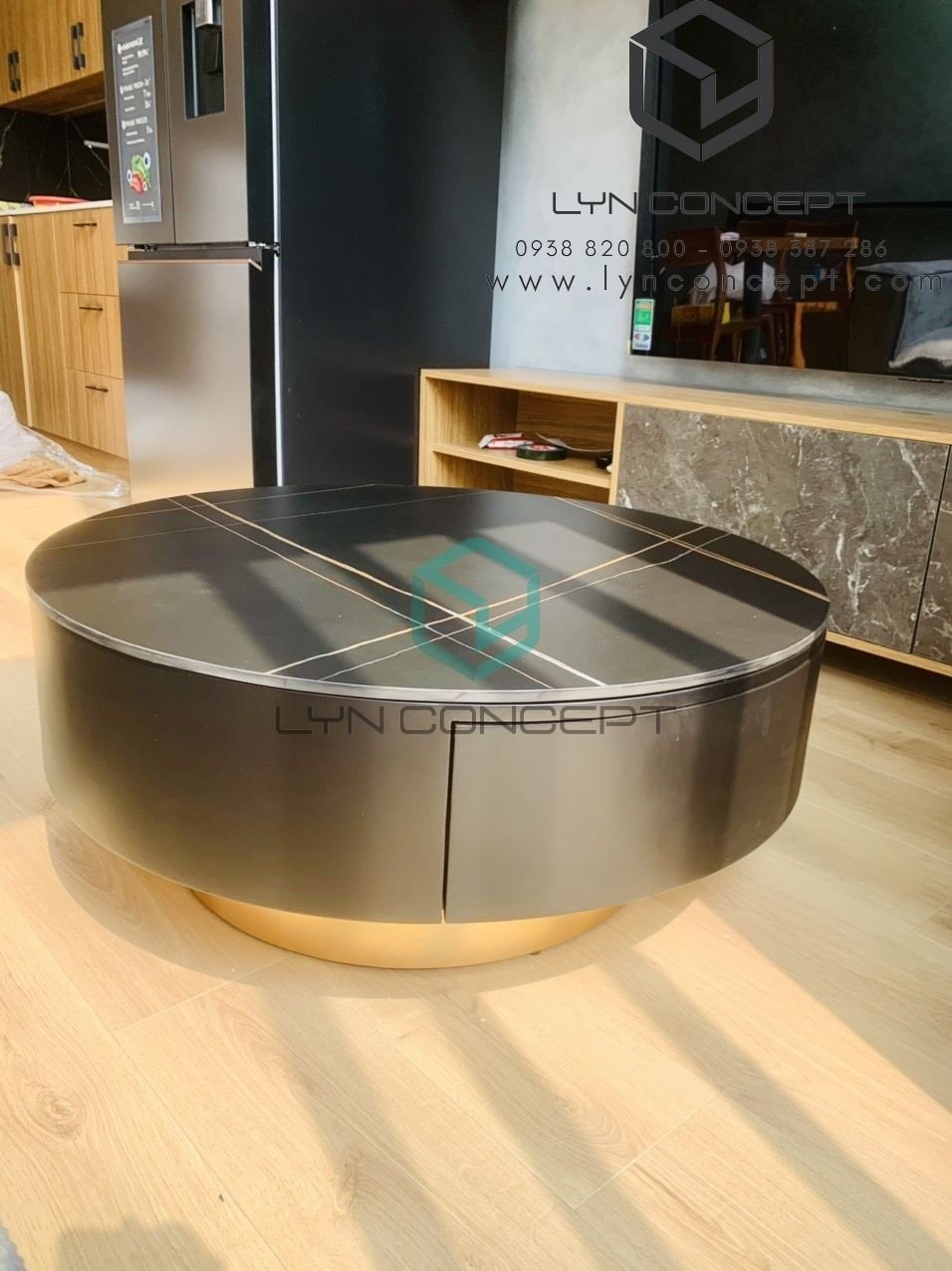 Bàn Sofa Miko Tròn Mặt Đá Ceramic Đen Thùng Gỗ MDF Cao Cấp - Giá Tốt