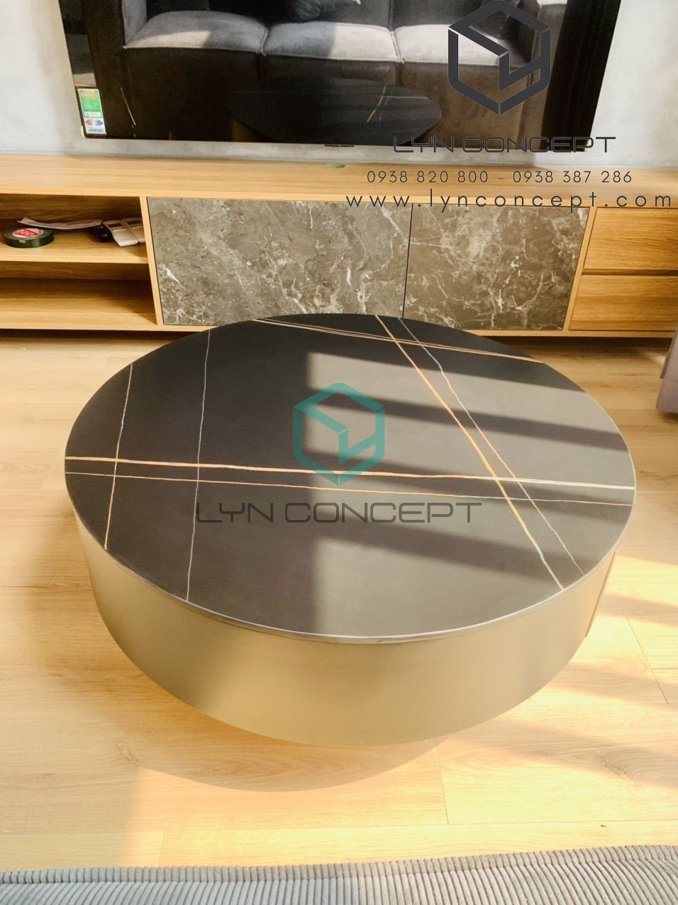 Bàn Sofa Miko Tròn Mặt Đá Ceramic Đen Thùng Gỗ MDF Cao Cấp - Giá Tốt