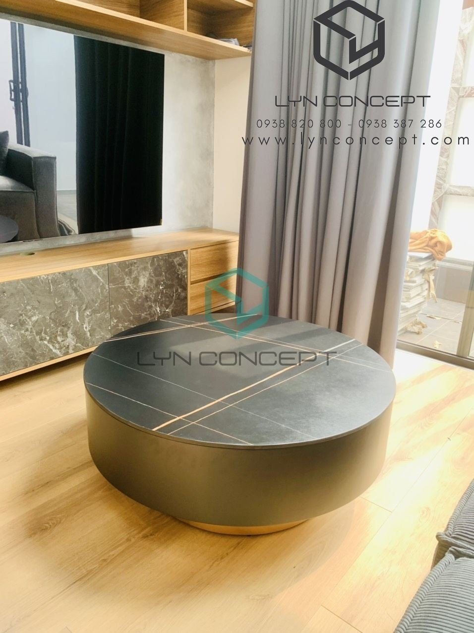 Bàn Sofa Miko Tròn Mặt Đá Ceramic Đen Thùng Gỗ MDF Cao Cấp - Giá Tốt