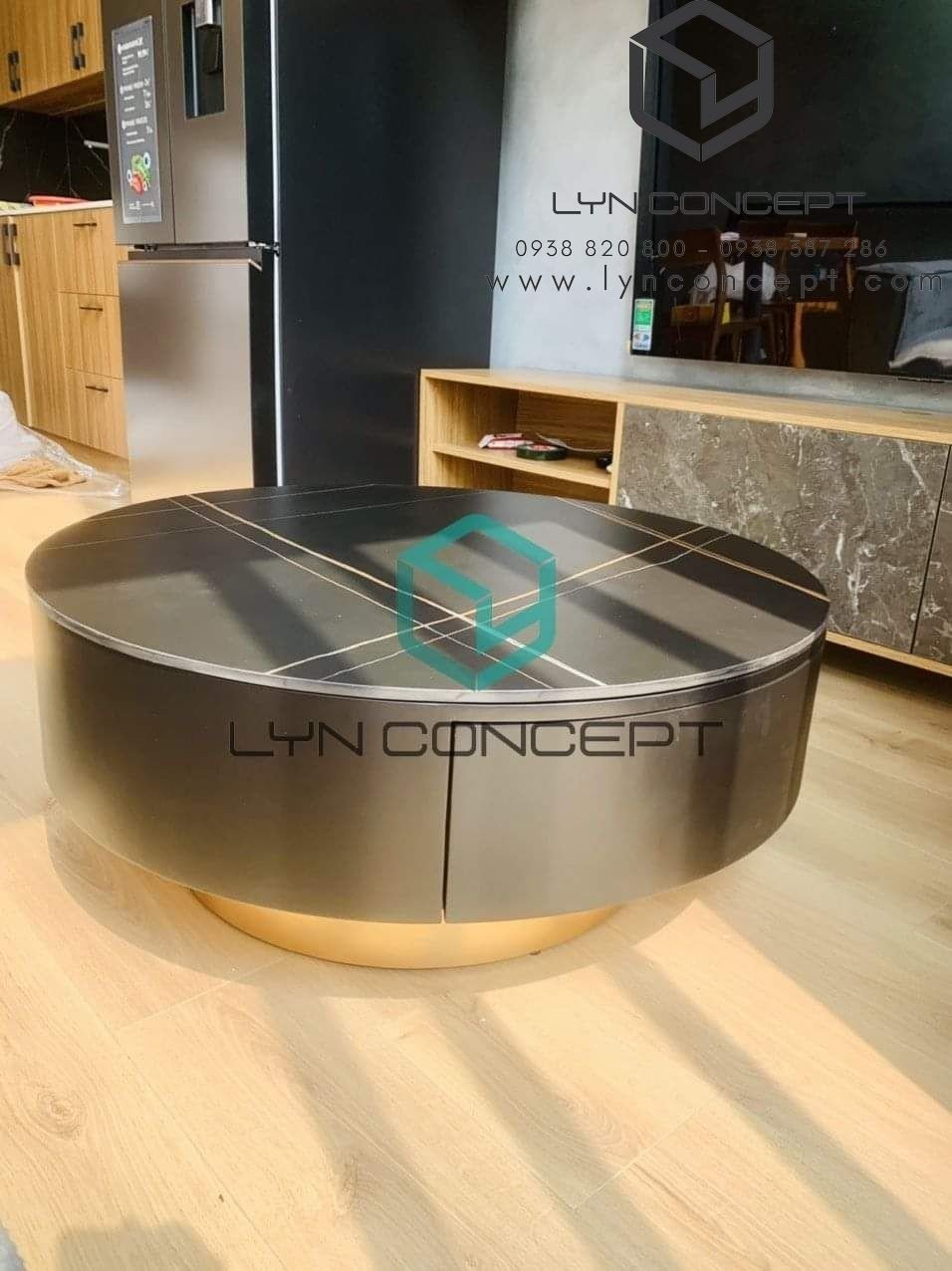 Bàn Sofa Miko Tròn Mặt Đá Ceramic Đen Thùng Gỗ MDF Cao Cấp - Giá Tốt