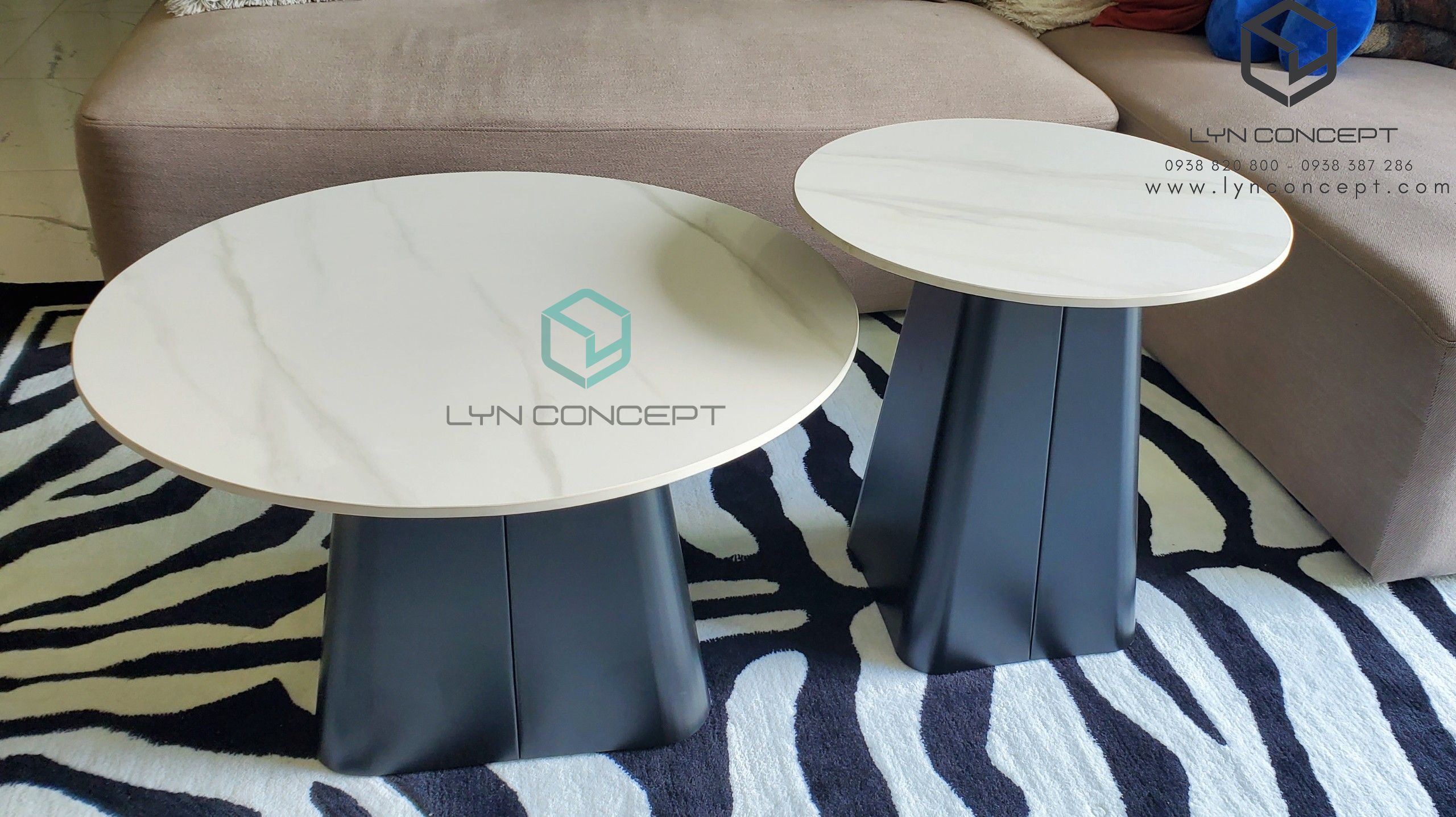 Bàn Sofa Tròn Đôi Engfa Mặt Ceramic Trắng Chân Sắt Sơn Đen - BT323.1