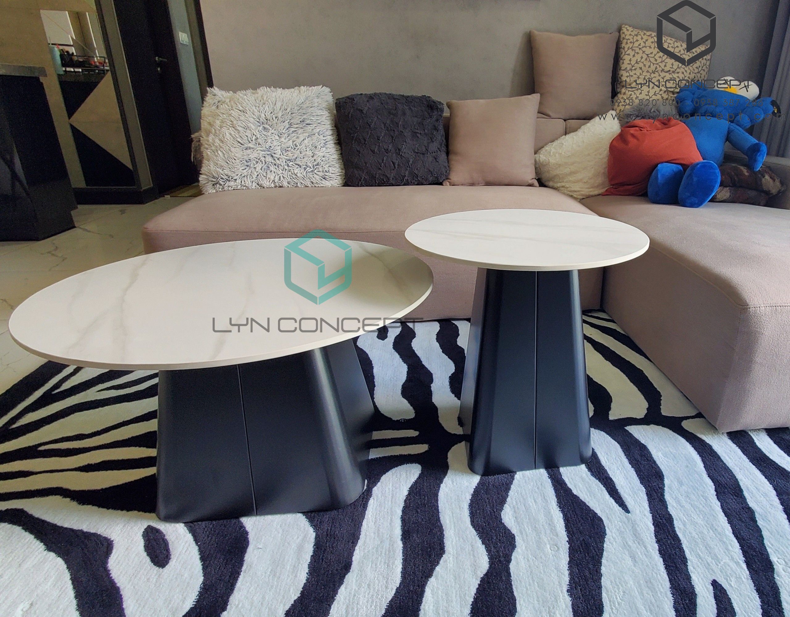 Bàn Sofa Tròn Đôi Engfa Mặt Ceramic Trắng Chân Sắt Sơn Đen - BT323.1