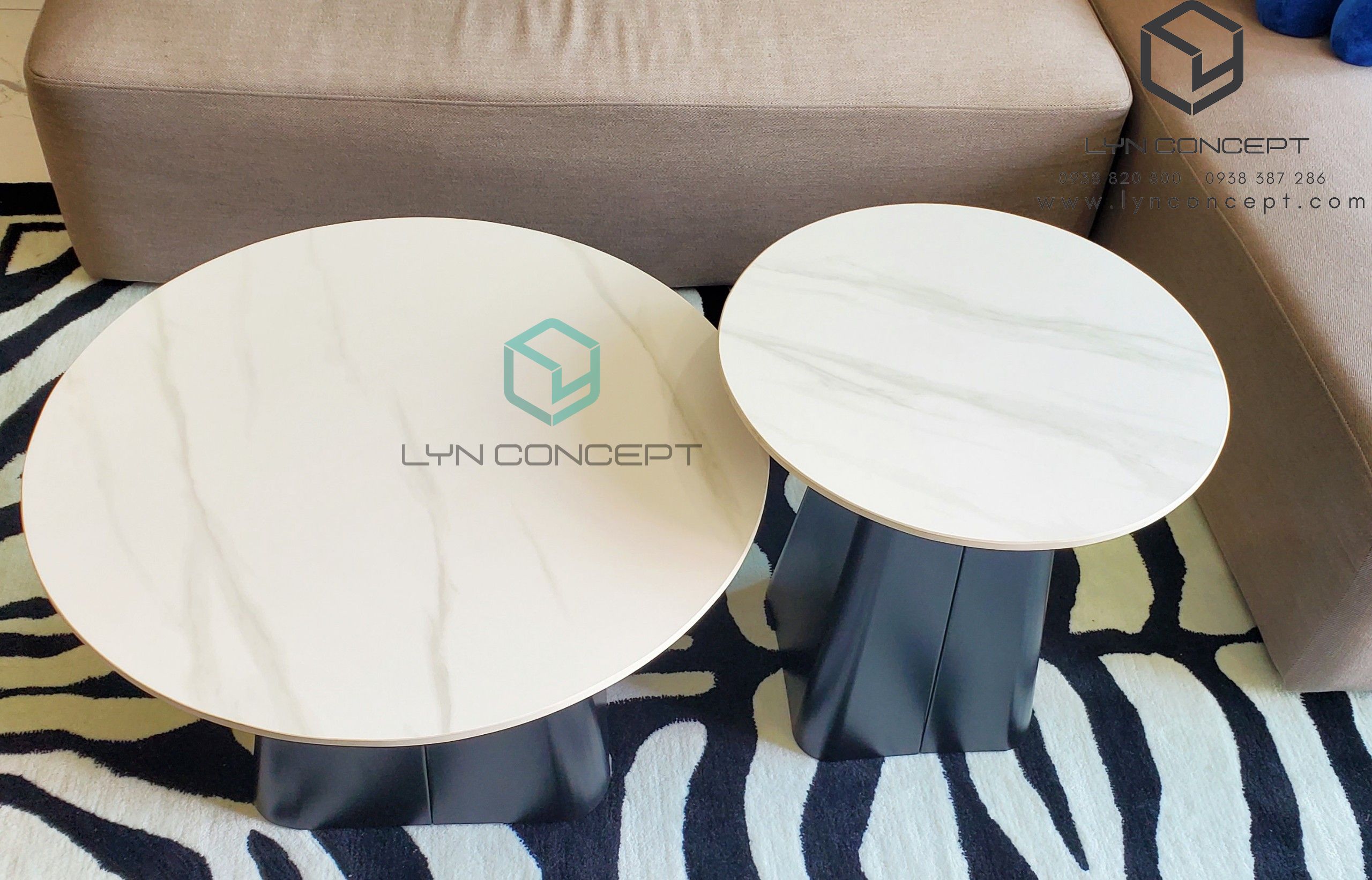 Bàn Sofa Tròn Đôi Engfa Mặt Ceramic Trắng Chân Sắt Sơn Đen - BT323.1