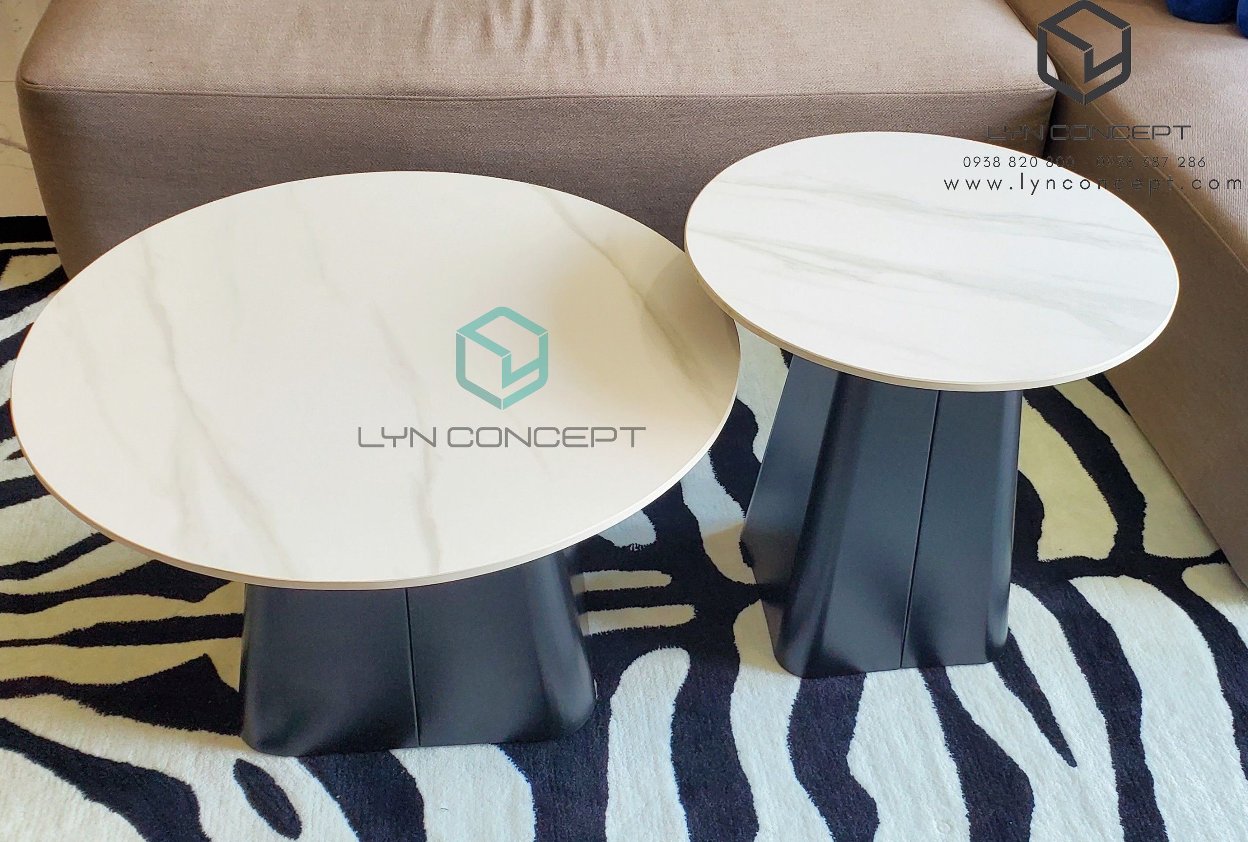 Bàn Sofa Tròn Đôi Engfa Mặt Ceramic Trắng Chân Sắt Sơn Đen - BT323.1