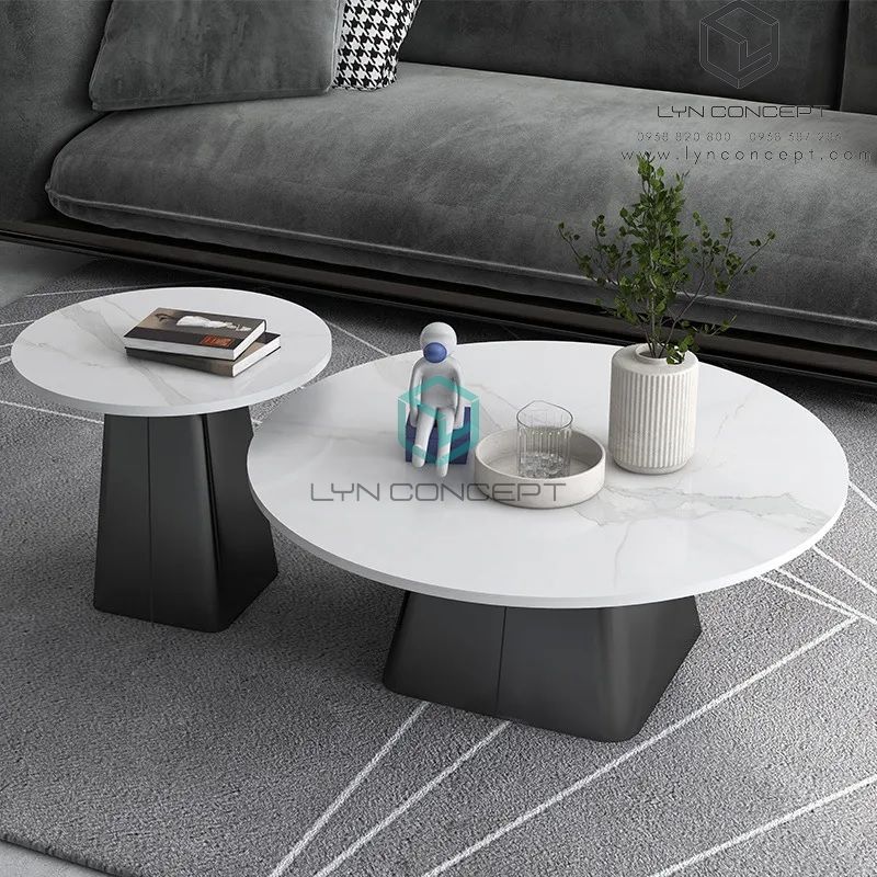Bàn Sofa Tròn Đôi Engfa Mặt Ceramic Trắng Chân Sắt Sơn Đen - BT323.1