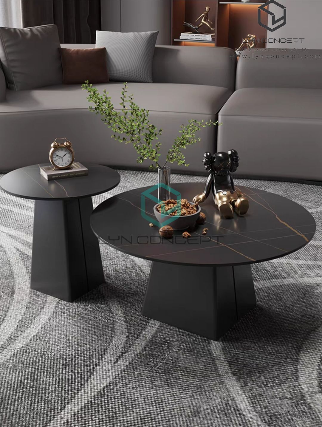 Bàn Sofa Tròn Đôi Engfa Mặt Ceramic Đen Chân Sắt Sơn Đen - BT323.2