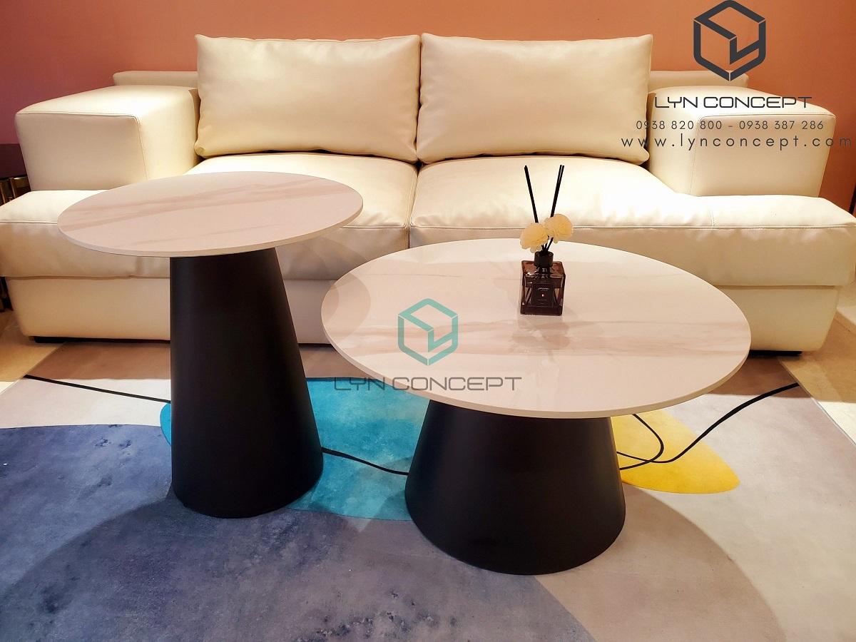 Bàn Sofa Tròn Đôi Hani Mặt Ceramic Trắng Chân Sắt Sơn Đen - Bàn Sofa Giá Tốt