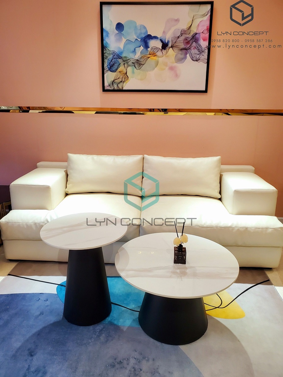 Bàn Sofa Tròn Đôi Hani Mặt Ceramic Trắng Chân Sắt Sơn Đen - Bàn Sofa Giá Tốt