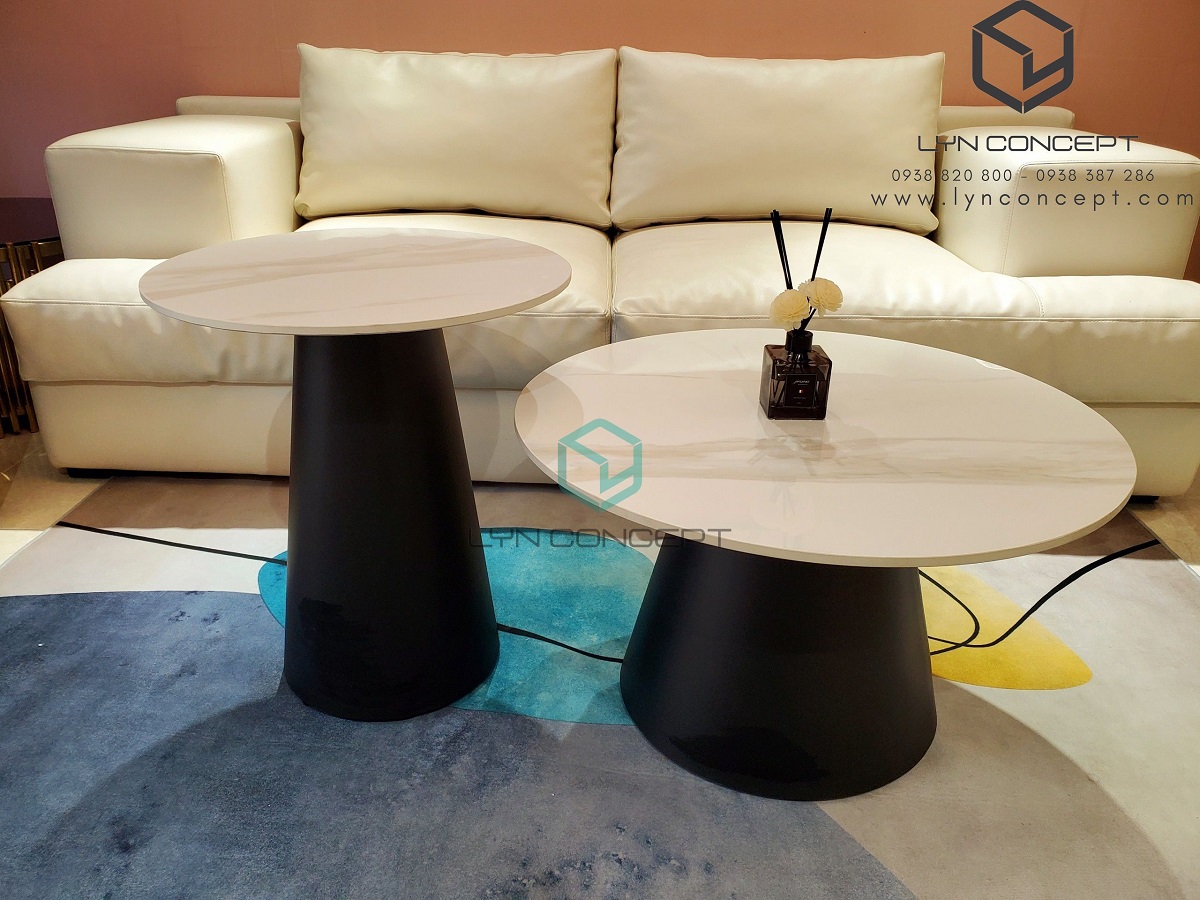 Bàn Sofa Tròn Đôi Hani Mặt Ceramic Trắng Chân Sắt Sơn Đen - Bàn Sofa Giá Tốt