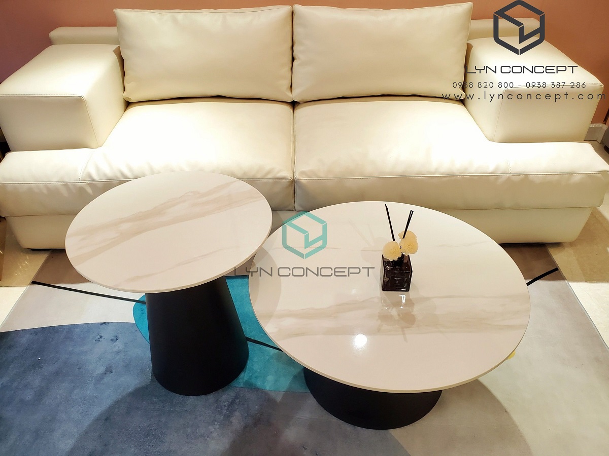 Bàn Sofa Tròn Đôi Hani Mặt Ceramic Trắng Chân Sắt Sơn Đen - Bàn Sofa Giá Tốt