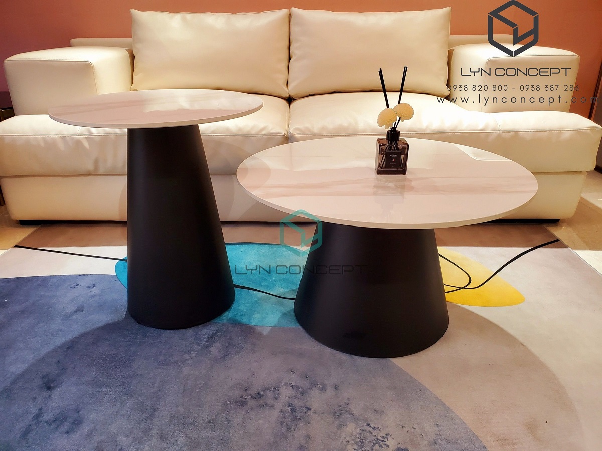 Bàn Sofa Tròn Đôi Hani Mặt Ceramic Trắng Chân Sắt Sơn Đen - Bàn Sofa Giá Tốt