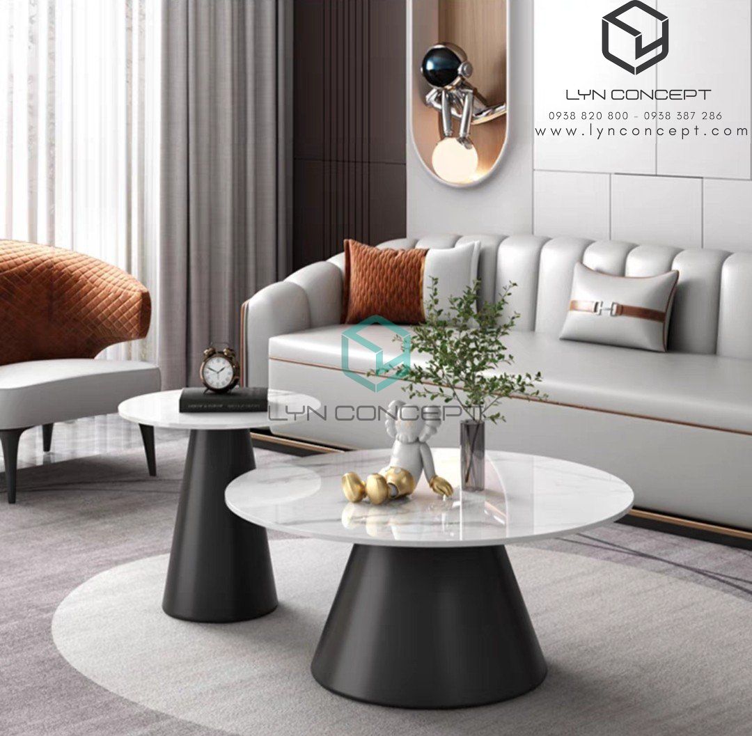 Bàn Sofa Tròn Đôi Hani Mặt Ceramic Trắng Chân Sắt Sơn Đen - Bàn Sofa Giá Tốt