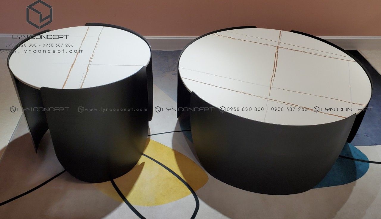 Bàn Sofa Tròn Đôi Sitana Mặt Ceramic Trắng Chân Sắt Sơn Đen - BT320.4