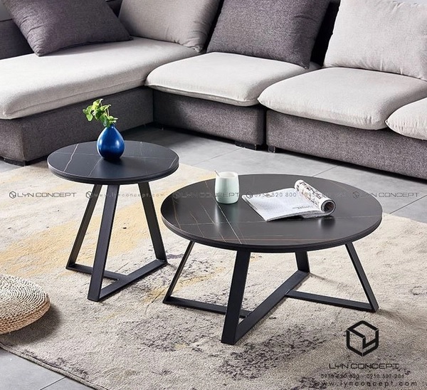 Bàn Trà Đôi Tròn Mặt Đá Ceramic Đen Chân Sắt Sơn Đen - Đẹp, Giá tốt