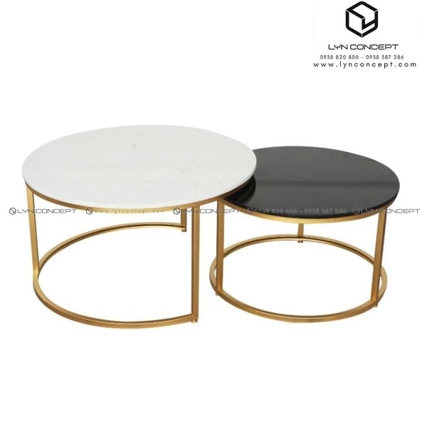 Bàn Trà Đôi Tròn Mặt Kính Trắng, Đen Chân Sắt Tròn Sơn Vàng