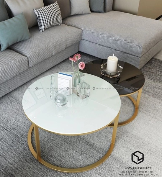 Bàn Trà Đôi Tròn Mặt Kính Trắng, Đen Chân Sắt Tròn Sơn Vàng