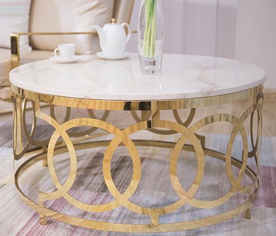 Bàn Trà Sofa Mặt Đá Tròn Chân Inox CNC Mạ Vàng Cao Cấp - BT15