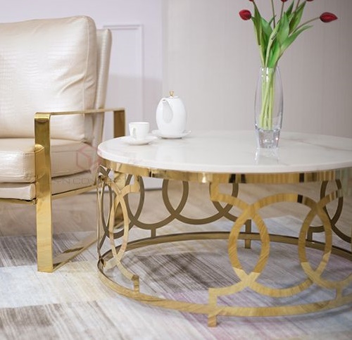 Bàn Trà Sofa Mặt Đá Tròn Chân Inox CNC Mạ Vàng Cao Cấp - BT15