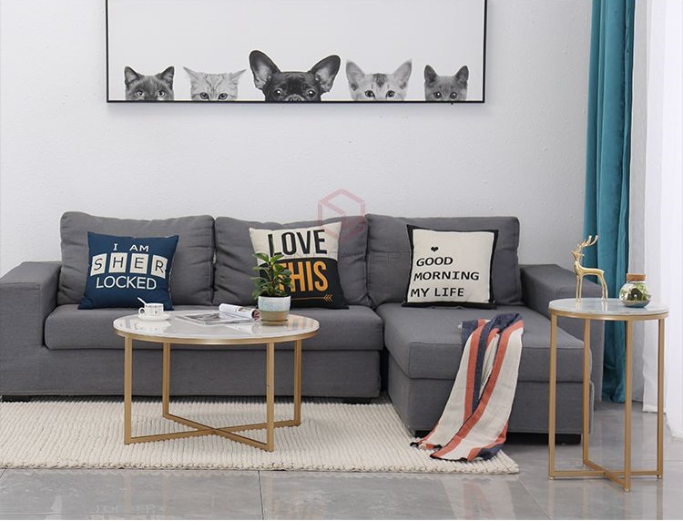 Bàn Trà Tròn D75 Mặt Đá Trắng Chân Sắt Chữ Thập Sơn Vàng