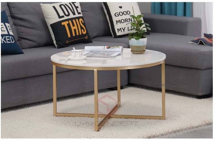 Bàn Trà Tròn D75 Mặt Đá Trắng Chân Sắt Chữ Thập Sơn Vàng