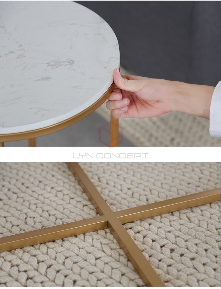 Bàn Trà Tròn D75 Mặt Đá Trắng Chân Sắt Chữ Thập Sơn Vàng