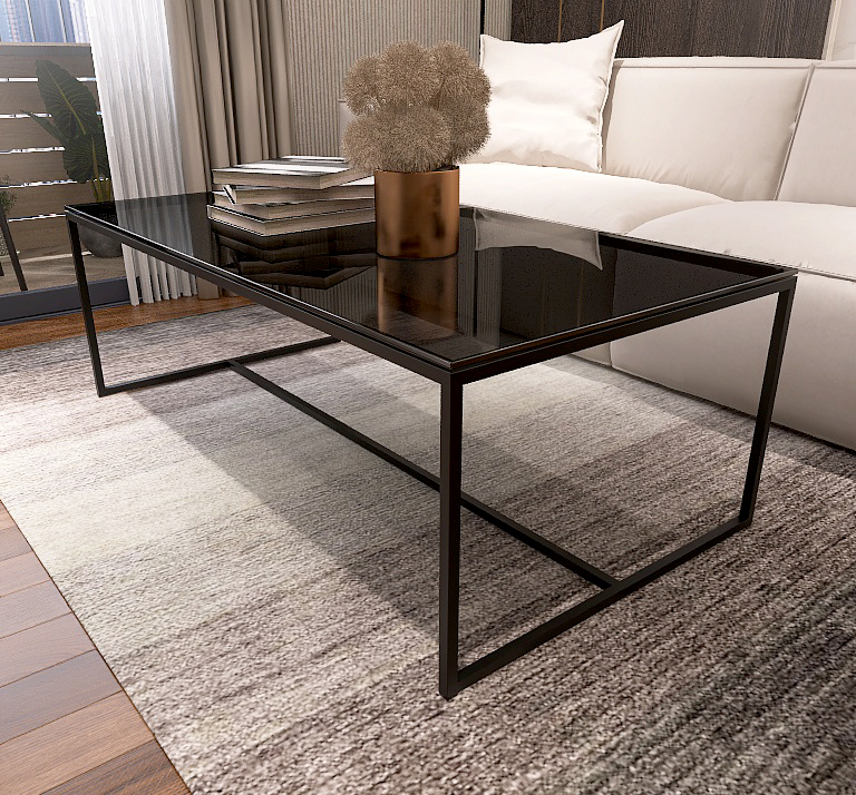 Bàn Trà Sofa Chữ Nhật Kính Đen Chân Sắt Sơn Đen - BT201.7