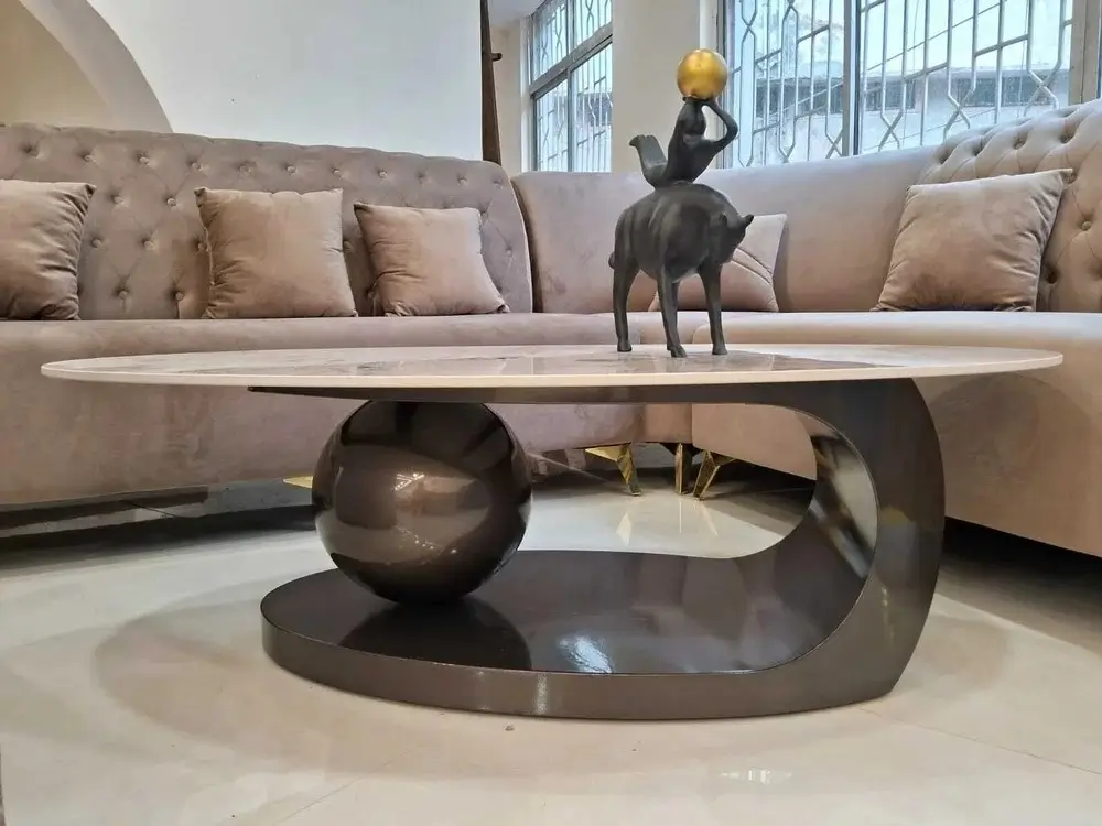 Bàn Trà Sofa Elip Mặt Đá Trắng Chân Inox Mạ Pvd Đen - BT22E2