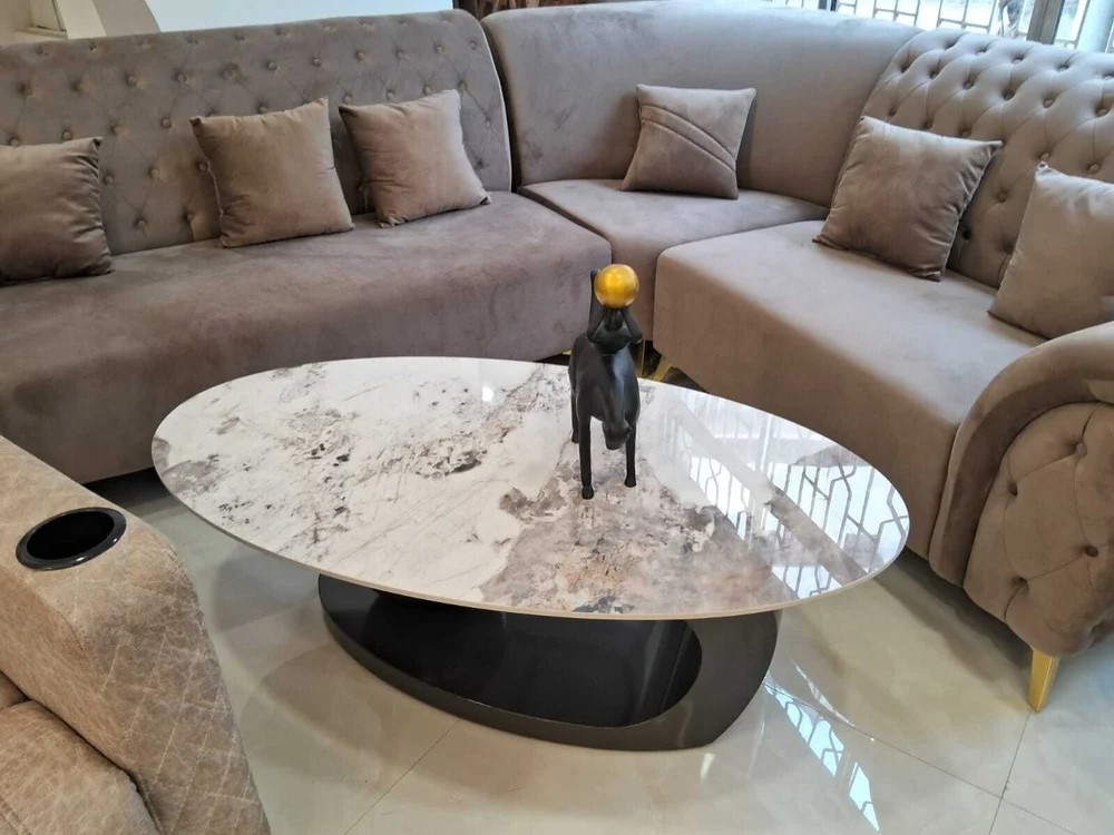 Bàn Trà Sofa Elip Mặt Đá Trắng Chân Inox Mạ Pvd Đen - BT22E2