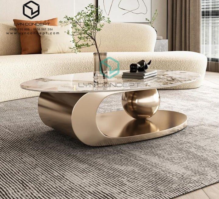 Bàn Trà Sofa Elip Mặt Đá Trắng Chân Inox Mạ Pvd Vàng Cao Cấp - BT22E