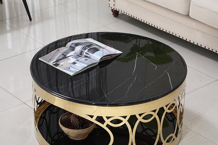 Bàn Trà Sofa Tròn Mặt Đá Đen Chân Inox CNC Mạ Vàng Cao Cấp - BT17A