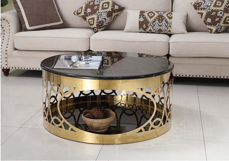 Bàn Trà Sofa Tròn Mặt Đá Đen Chân Inox CNC Mạ Vàng Cao Cấp - BT17A