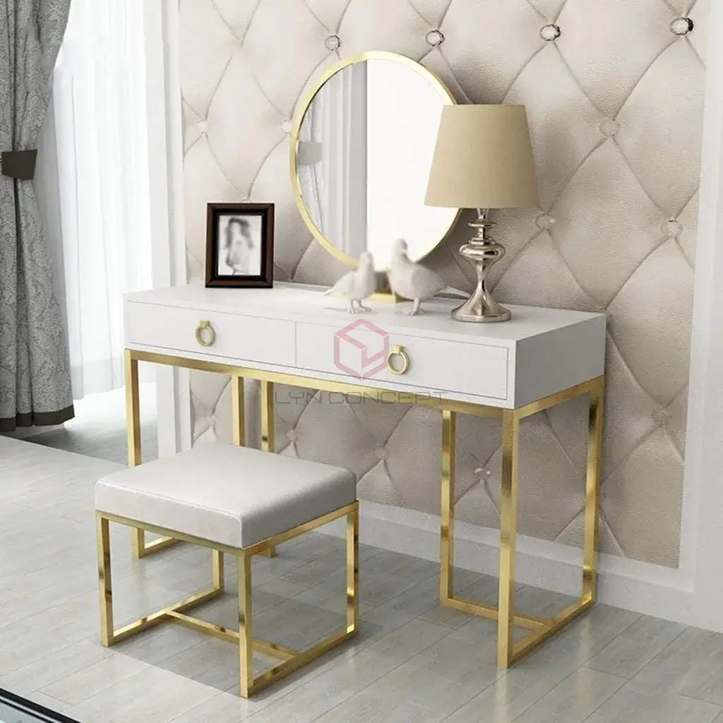 BÀN TRANG ĐIỂM CHÂN INOX MẠ VÀNG MẶT GỖ MÀU TRẮNG CAO CẤP - BTĐ02