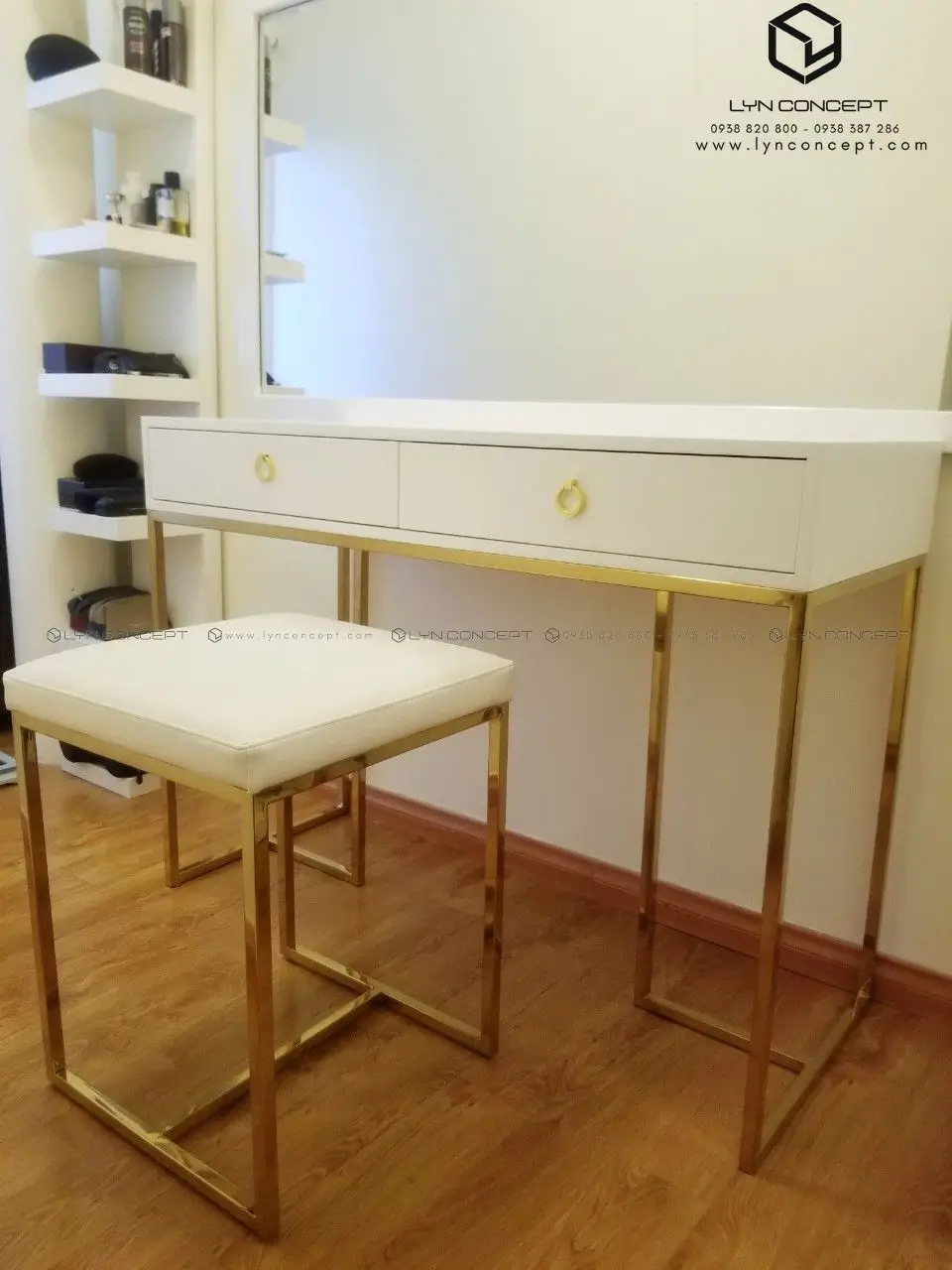 BÀN TRANG ĐIỂM CHÂN INOX MẠ VÀNG MẶT GỖ MÀU TRẮNG CAO CẤP - BTĐ02