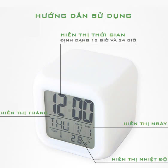 Đồng Hồ Vuông Để Bàn - Đa năng đổi màu, thiết kế hiện đại