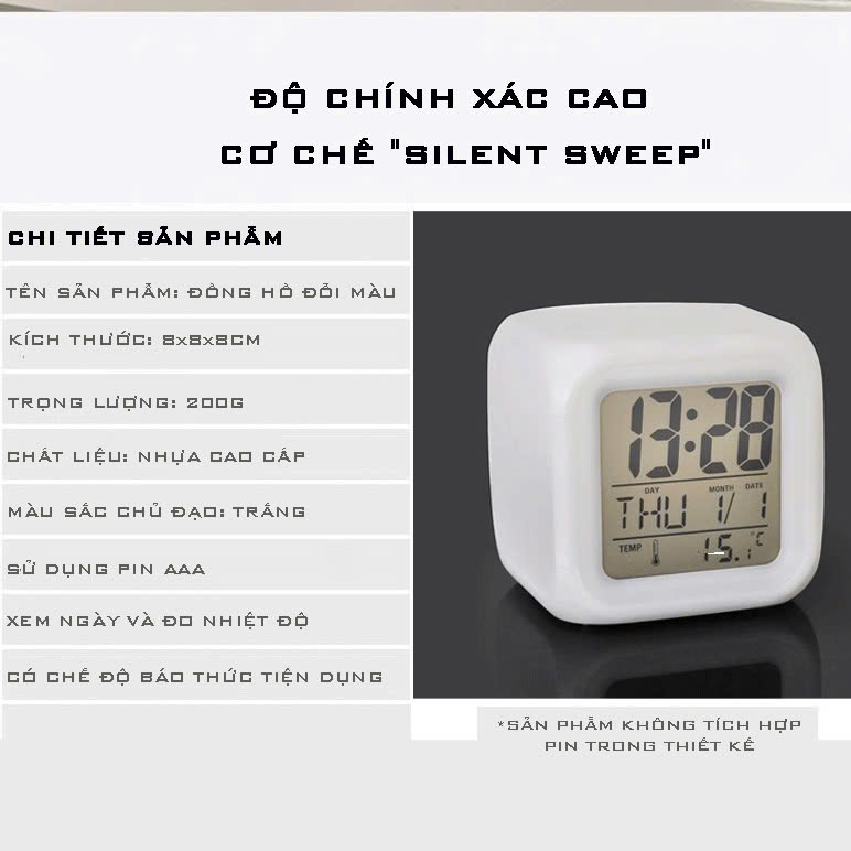 Đồng Hồ Vuông Để Bàn - Đa năng đổi màu, thiết kế hiện đại