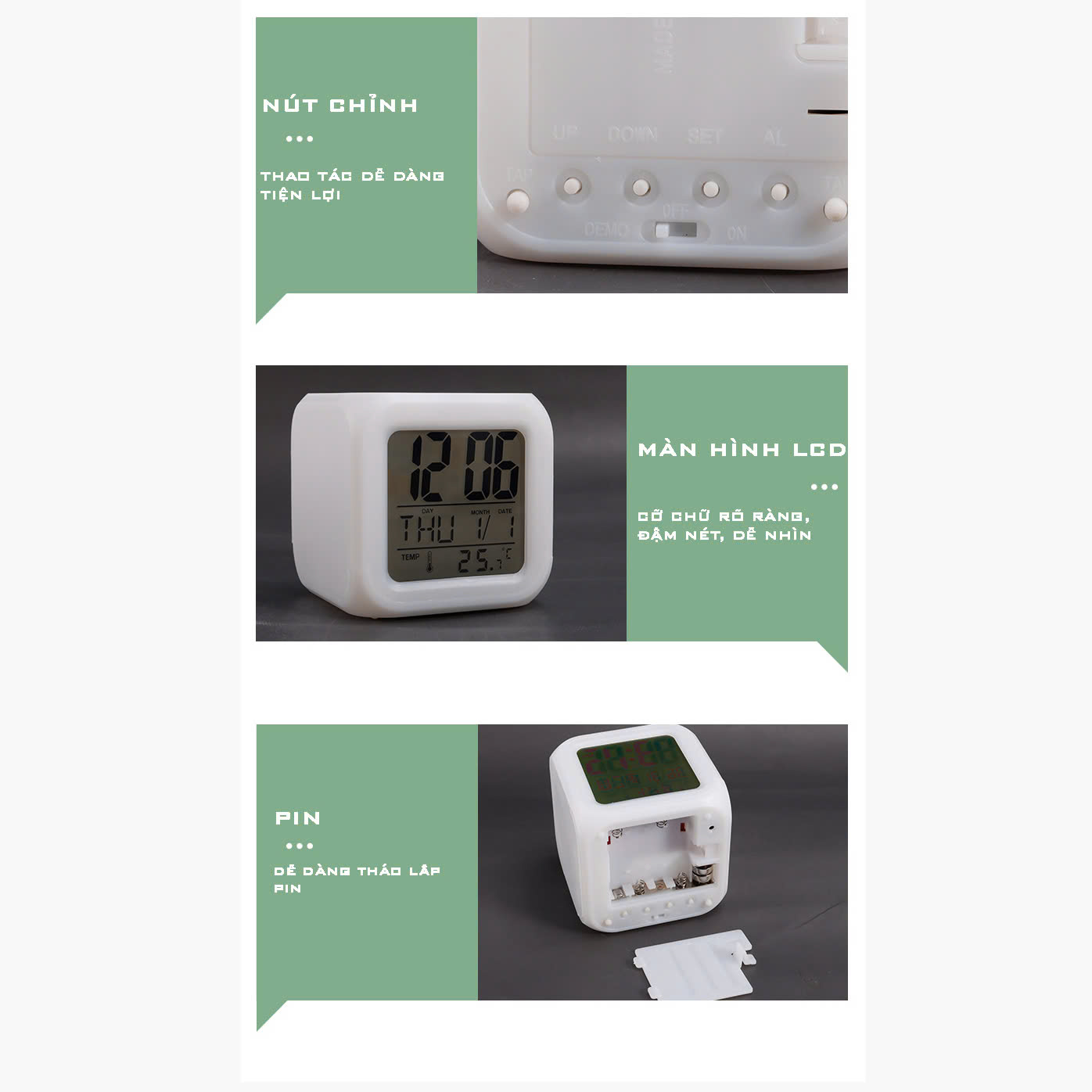 Đồng Hồ Vuông Để Bàn - Đa năng đổi màu, thiết kế hiện đại