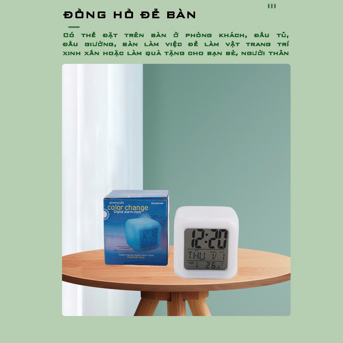 Đồng Hồ Vuông Để Bàn - Đa năng đổi màu, thiết kế hiện đại